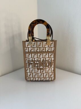 FENDI Mini Sunshine Shopper Tote Zucca Embroidered Raffia